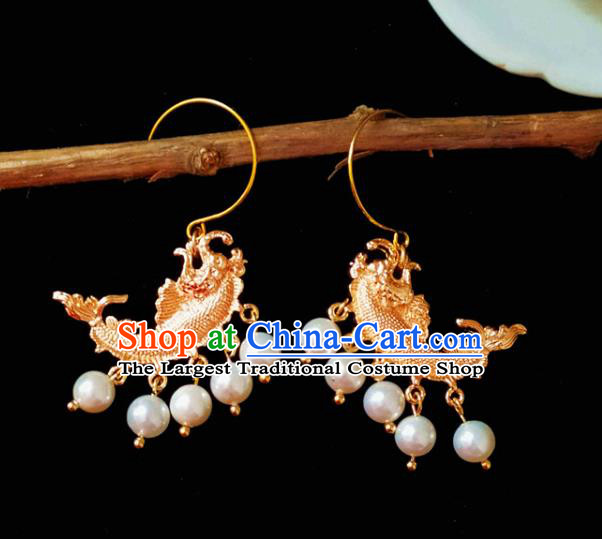 Chinese Handmade Court Golden Carp Earrings Traditional Hanfu Ear Jewelry Accessories Classical Qing Dynasty Tassel Eardrop for Women