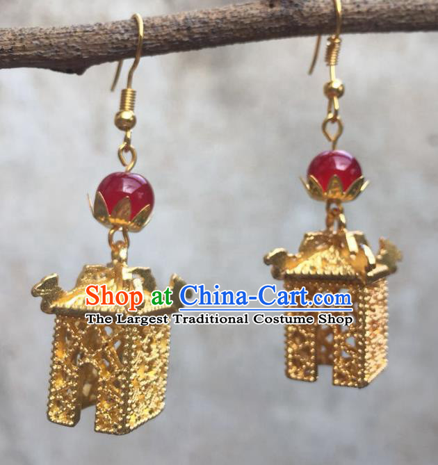 Chinese Handmade Earrings Traditional Hanfu Ear Jewelry Accessories Classical Qing Dynasty Golden Pavilion Eardrop for Women