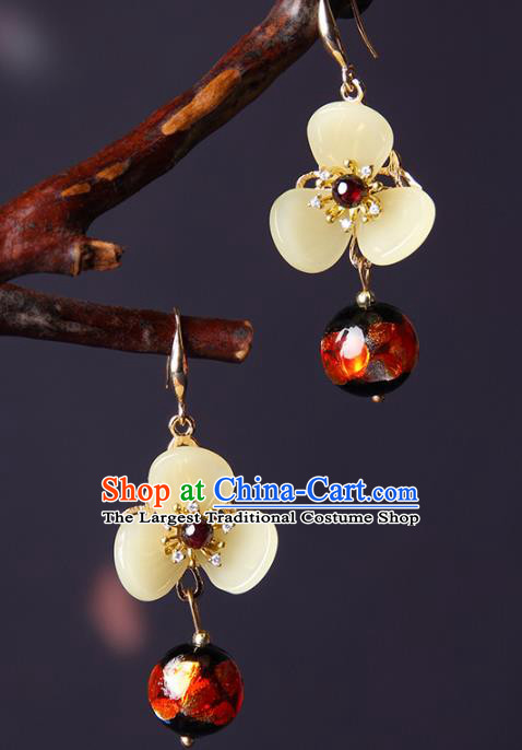 Traditional Chinese Yellow Flower Ear Accessories Handmade Eardrop National Cheongsam Garnet Earrings for Women