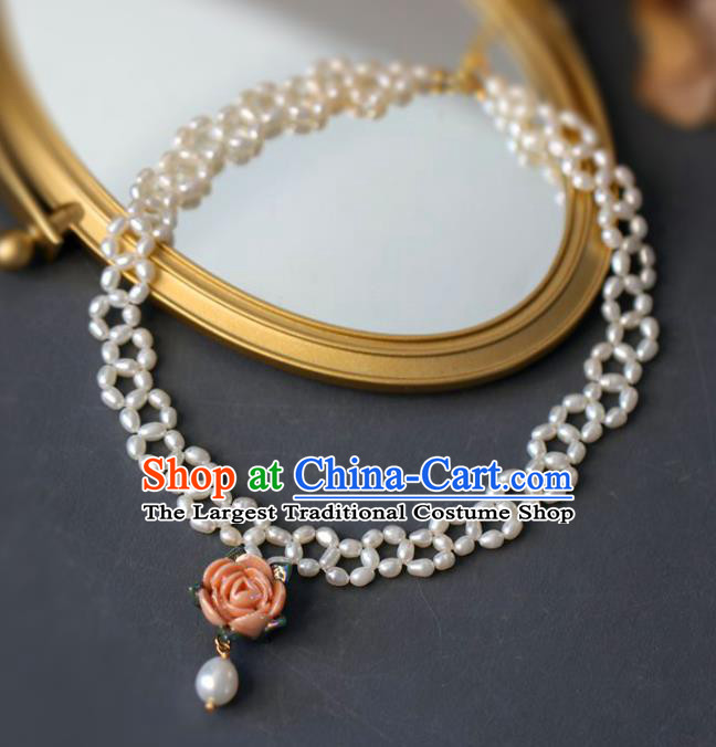 Baroque Handmade Pink Rose Necklace Jewelry Accessories European Retro Princess Necklet for Women