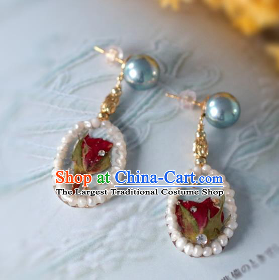 Princess Handmade Pearls Earrings Fashion Jewelry Accessories Classical Red Preserved Flower Eardrop for Women