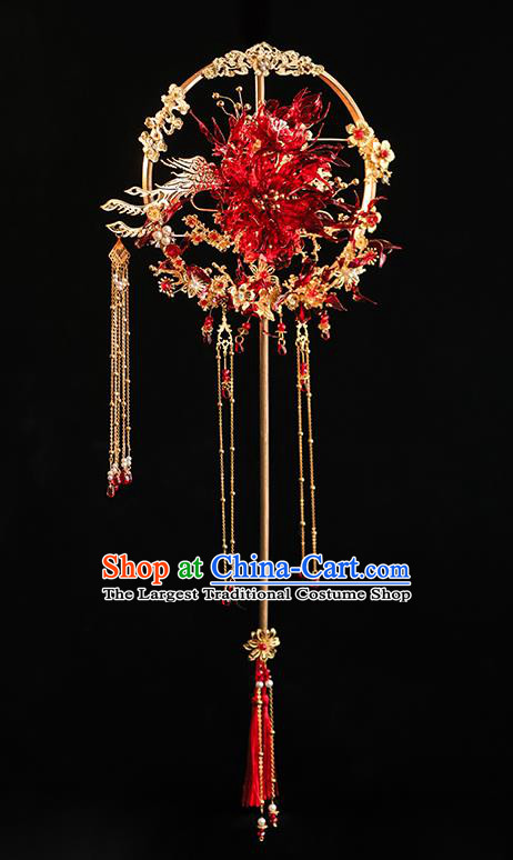 Top Grade Chinese Classical Wedding Red Spider Lily Fan Accessories Handmade Ancient Bride Golden Tassel Round Fans for Women