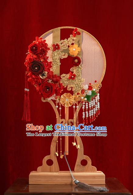 Top Grade Chinese Classical Wedding Red Roses Round Fan Accessories Handmade Ancient Bride Tassel Palace Fans for Women