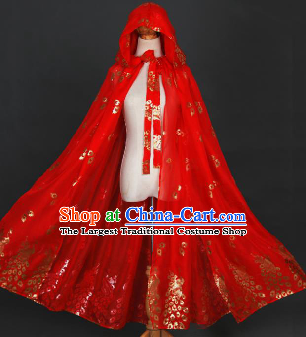 Traditional Chinese Hanfu Printing Peacock Red Cloak Ancient Costume Chiffon Cape with Cap for Women