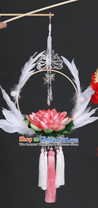 Chinese Handmade Stage Show Prop Decoration Traditional White Feather Lotus Lantern Portable Lamp