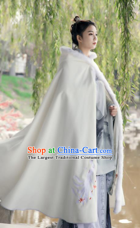 Traditional Chinese Hanfu White Woolen Cloak Ancient Costume Winter Embroidered Fox Cape With Cap for Women