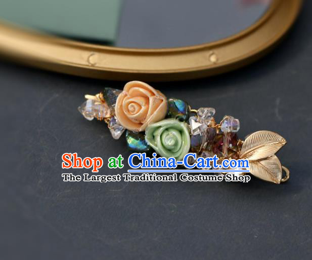 Handmade Retro Yellow and Green Roses Hair Claw Top Grade Hair Accessories Hair Stick Hair Pin for Women