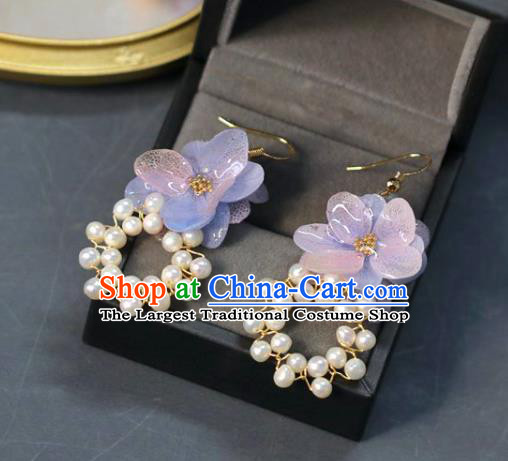 Princess Handmade Blue Flower Earrings Classical Pearl Eardrop Fashion Jewelry Accessories for Women