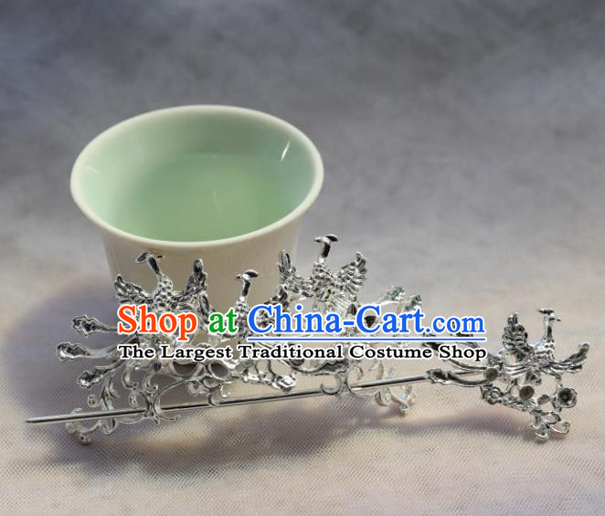 Chinese Traditional Ancient Princess Argent Phoenix Hair Crown and Hairpin Hair Clip Hanfu Hair Accessories Headwear for Women