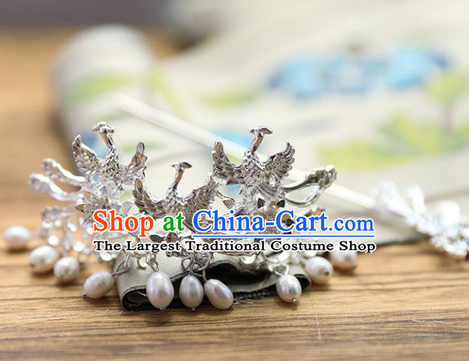 Chinese Traditional Ancient Princess Argent Phoenix Pearls Tassel Hair Crown and Hairpin Hair Clip Hanfu Hair Accessories Headwear for Women