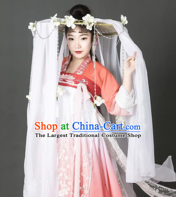 Chinese Traditional Ancient Goddess Headwear Handmade Hanfu Female Swordsman White Flowers Veil Bamboo Hat