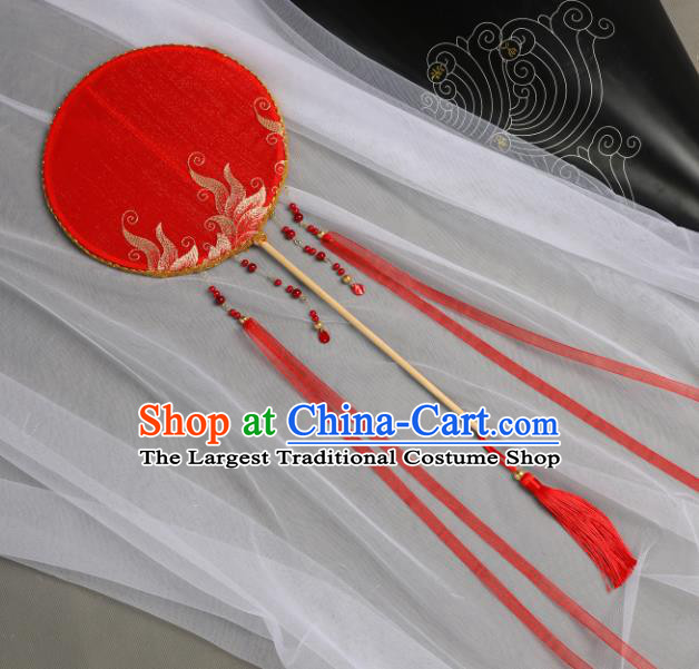 Chinese Handmade Hanfu Red Ribbon Silk Fan Accessories Decoration Traditional Ancient Princess Palace Fan for Women