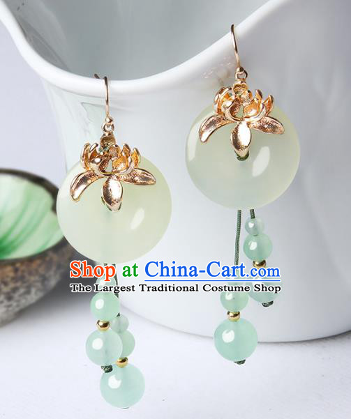 Traditional Chinese Green Beads Tassel Ear Accessories Handmade Eardrop National Cheongsam Peace Buckle Earrings for Women