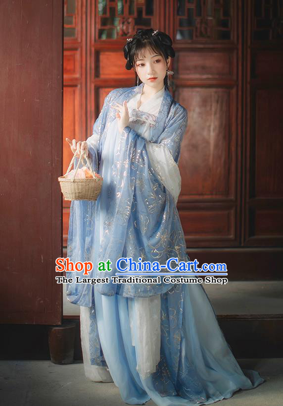 Chinese Tang Dynasty Princess Blue Cape Blouse and Dress Traditional Hanfu Garment Ancient Noble Female Historical Costumes Full Set