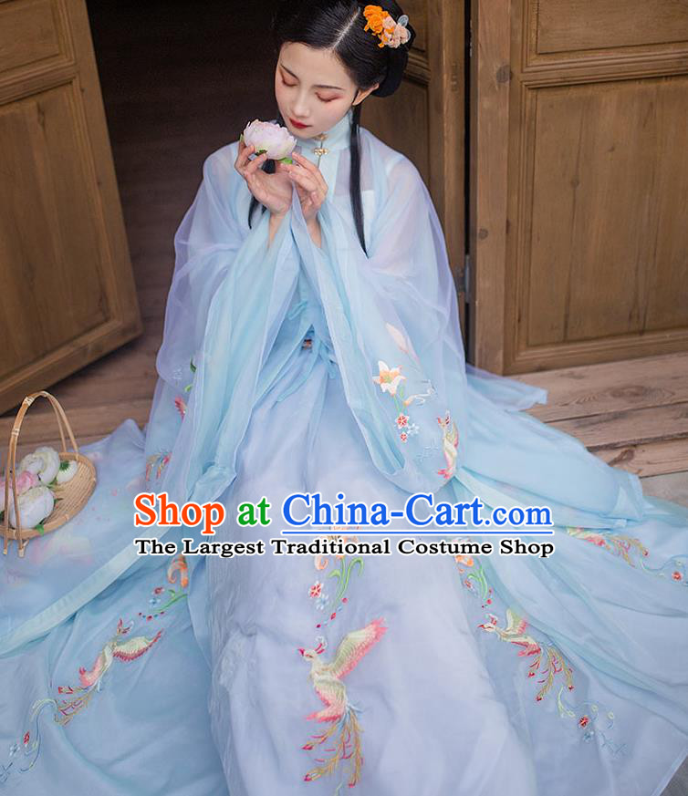 Chinese Ming Dynasty Noble Female Blue Blouse Vest and Skirt Traditional Ancient Rich Lady Historical Costumes Hanfu Garment Full Set