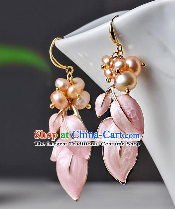 Traditional Chinese Pink Leaf Ear Accessories Handmade Eardrop National Cheongsam Pearls Earrings for Women