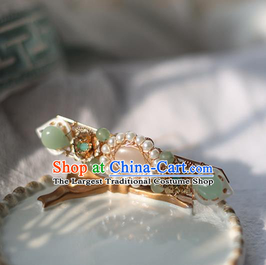 Handmade Chinese Tang Dynasty Green Stone Opal Hair Clip Traditional Classical Hanfu Hair Accessories Ancient Princess Pearls Hairpins for Women