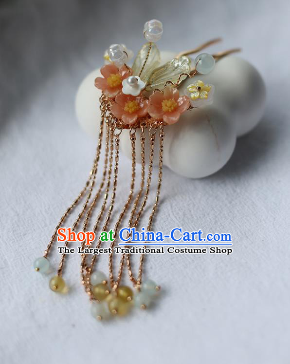 Handmade Chinese Golden Tassel Hair Clip Traditional Classical Hanfu Hair Accessories Ancient Princess Pink Plum Hairpins for Women