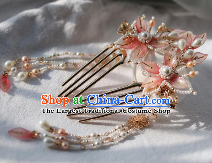 Handmade Chinese Pink Lotus Hair Combs Traditional Classical Hanfu Hair Accessories Ancient Princess Pearls Tassel Hairpins for Women