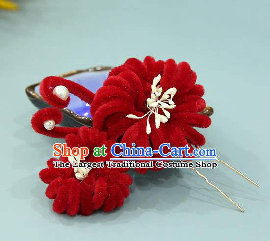 Handmade Chinese Qing Dynasty Red Velvet Chrysanthemum Hairpins Traditional Classical Hair Accessories Ancient Imperial Consort Hair Clip for Women