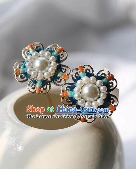 Handmade Chinese Court Blue Hair Clip Traditional Classical Hair Accessories Ancient Qing Dynasty Imperial Consort Pearls Hairpins for Women