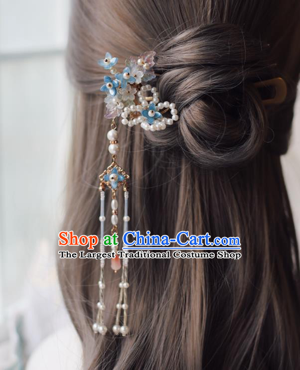 Handmade Chinese Pearls Tassel Hair Clip Traditional Classical Hanfu Hair Accessories Ancient Princess Blue Flowers Hairpins for Women