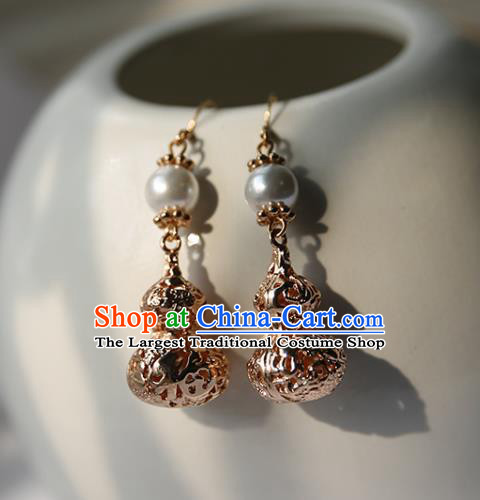 Traditional Chinese Handmade Golden Cucurbit Earrings Ancient Hanfu Court Ear Accessories for Women