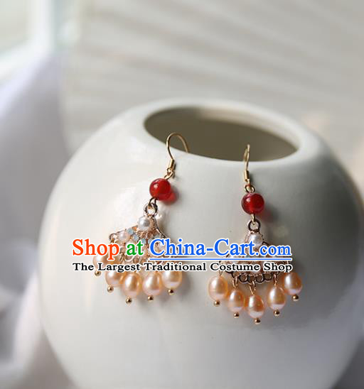 Traditional Chinese Handmade Golden Earrings Ancient Hanfu Court Pearls Tassel Ear Accessories for Women