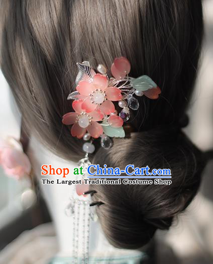 Handmade Chinese Pink Hair Claws Traditional Classical Hanfu Hair Accessories Ancient Sakura Tassel Hairpins for Women