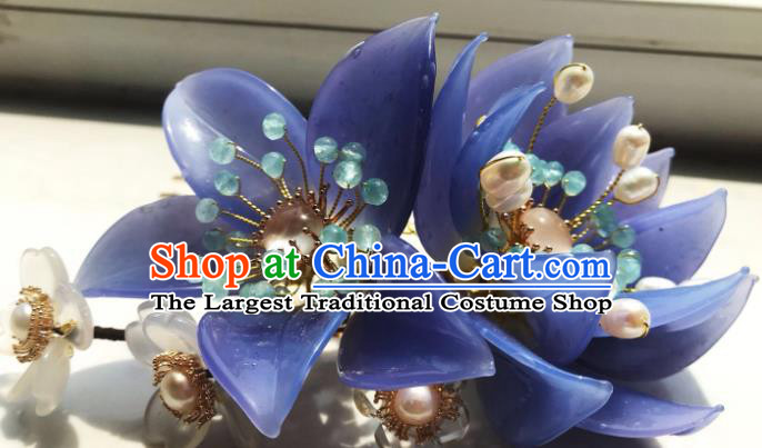 Handmade Chinese Court Chalcedony Hairpins Traditional Classical Hair Accessories Ancient Qing Dynasty Princess Blue Lotus Hair Comb for Women