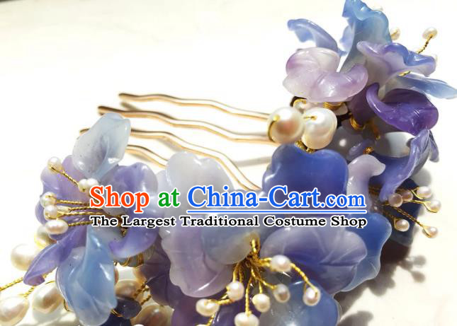 Handmade Chinese Court Blue Flowers Hairpins Traditional Classical Hair Accessories Ancient Qing Dynasty Princess Pearls Hair Comb for Women