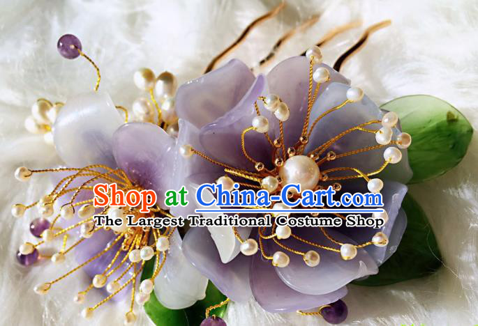 Handmade Chinese Classical Amethyst Beads Hairpins Traditional Hair Accessories Ancient Qing Dynasty Purple Peony Hair Comb for Women