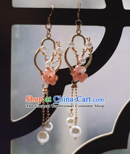 Traditional Chinese Handmade Pink Plum Earrings Ancient Hanfu Tassel Ear Accessories for Women