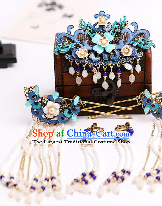 Chinese Classical Wedding Blue Hair Comb Traditional Hanfu Hair Accessories Handmade Bride Tassel Hairpins Complete Set