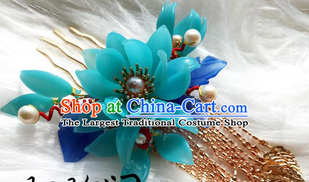 Handmade Chinese Court Blue Flowers Hair Comb Traditional Classical Hair Accessories Ancient Qing Dynasty Golden Tassel Hairpins for Women