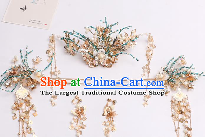 Chinese Classical Wedding Blue Beads Hair Comb Traditional Bride Hair Accessories Handmade Hanfu Tassel Hairpins Complete Set