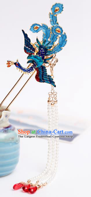 Handmade Chinese Classical Blue Phoenix Hairpins Traditional Hair Accessories Ancient Beads Tassel Hair Clip for Women