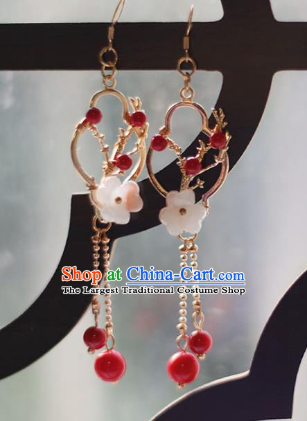 Traditional Chinese Handmade Plum Earrings Ancient Hanfu Red Beads Tassel Ear Accessories for Women