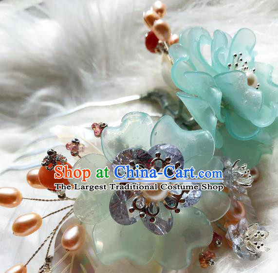 Handmade Chinese Court Green Peony Hair Comb Traditional Classical Hair Accessories Ancient Qing Dynasty Pearls Hairpins for Women