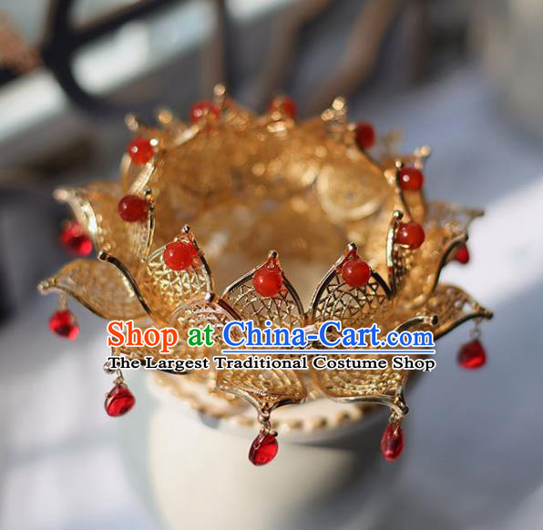 Handmade Chinese Classical Red Beads Hair Crown Traditional Hair Accessories Ancient Hanfu Golden Lotus Hairpins for Women