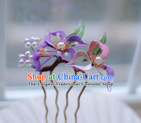 Handmade Chinese Classical Purple Silk Flower Hair Clip Traditional Hair Accessories Ancient Hanfu Court Hairpins for Women