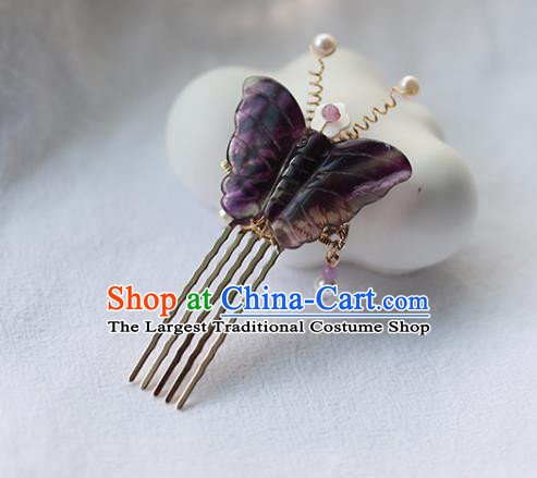 Handmade Chinese Purple Butterfly Hair Comb Traditional Classical Hanfu Hair Accessories Ancient Princess Hairpins for Women