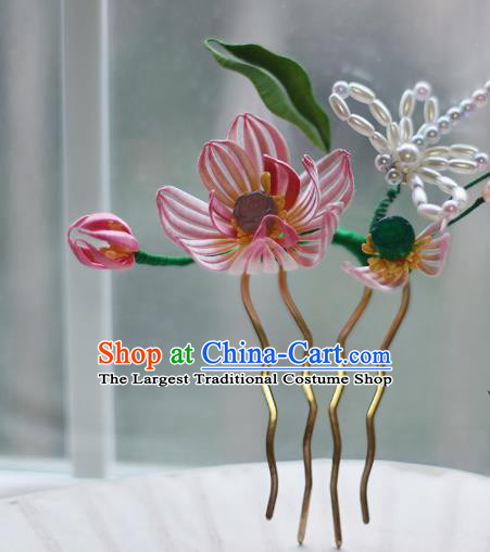 Handmade Chinese Classical Pearls Dragonfly Hair Comb Traditional Hair Accessories Ancient Hanfu Court Pink Silk Lotus Hairpins for Women