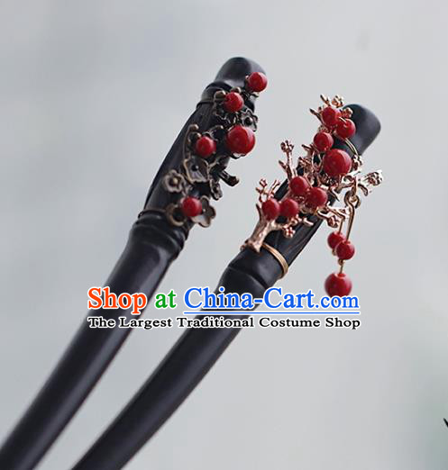 Handmade Chinese Classical Red Beads Hair Clip Traditional Hair Accessories Ancient Hanfu Carving Plum Ebony Hairpins for Women