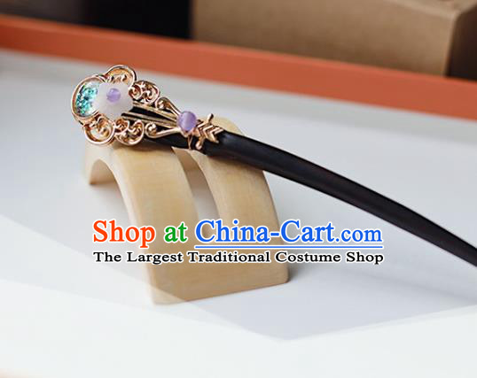 Handmade Chinese Classical Green Bead Lute Hair Clip Traditional Hair Accessories Ancient Hanfu Ebony Hairpins for Women