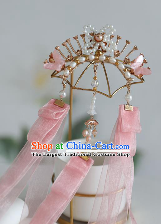 Handmade Chinese Classical Pearls Hairpins Traditional Hair Accessories Ancient Hanfu Pink Ribbon Hair Claw for Women