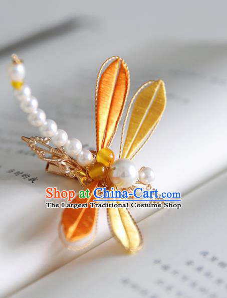 Handmade Chinese Classical Pearls Hairpins Traditional Hair Accessories Ancient Hanfu Yellow Silk Dragonfly Hair Claw for Women