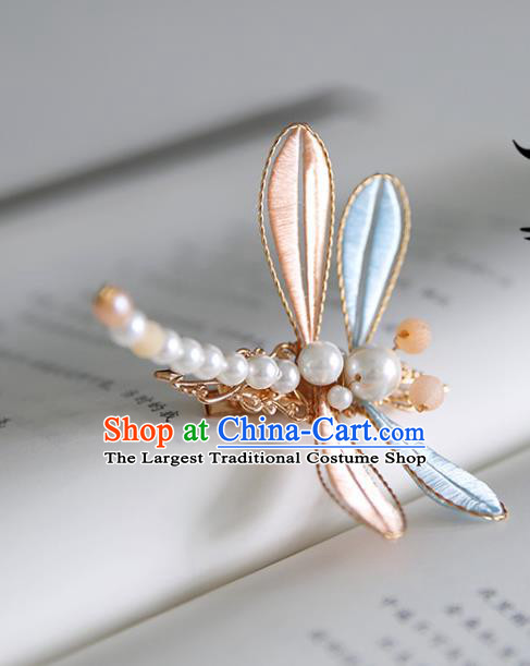 Handmade Chinese Classical Pearls Hairpins Traditional Hair Accessories Ancient Hanfu Pink Silk Dragonfly Hair Claw for Women