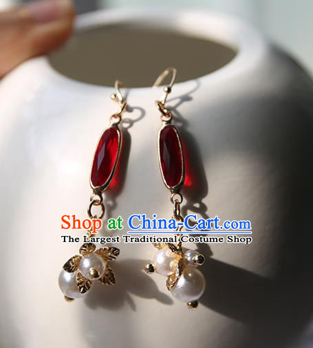 Traditional Chinese Handmade Red Gem Earrings Ancient Hanfu Ear Accessories for Women