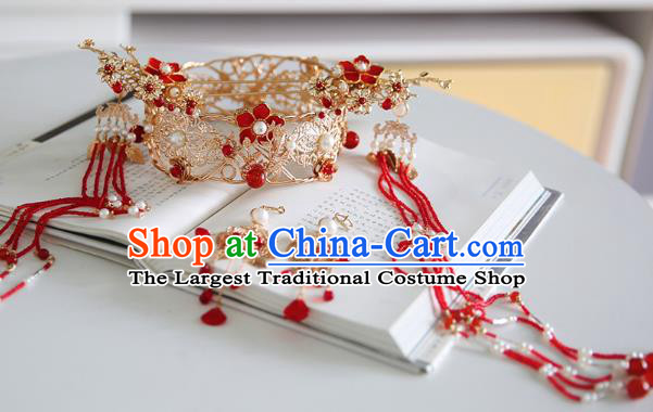 Chinese Classical Wedding Hair Crown Traditional Hanfu Hair Accessories Handmade Bride Tassel Hairpins Complete Set